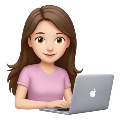 happy white long brunette hair girl with hazel eyes and in light pink using laptop sticker