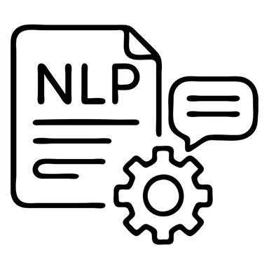 Outlined NLP icon with text processing and language analysis sticker