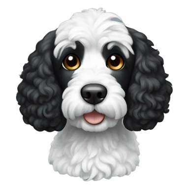 Dog black cockapoo with white chest and one white ear sticker