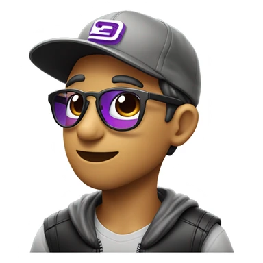 logo ilustrado , estilo emote. chico pelo negro, con gorra de beisbol con el logo de twitch. chamarra gris, con lentes de ver. sosteniendo un corazon enamorado sticker