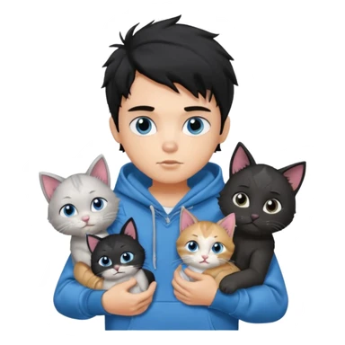 generate a pretty fair bratz boy with black messy hair holding 3 cats.  Wearing a grey hoodie sticker