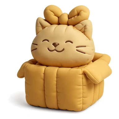 cat inside a gift box with a ribbon on head, smiling, cushion style sticker