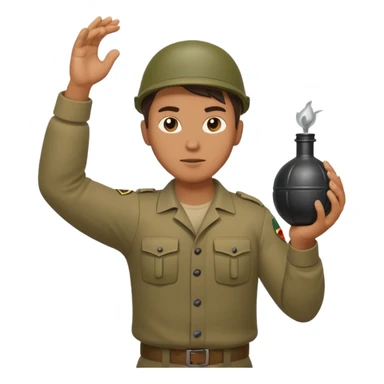 Guy in throwing stance.  One hand on grenade and one hand holding the pin sticker