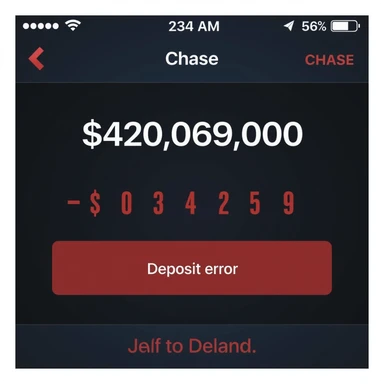 a iphone screenshot showing a chase bank balance of -$420,069,000, "deposit error" the numbers are shown in red, indicating a negative balance sticker