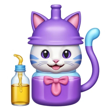 Smiling bottle of oil light purple top and light blue sticking tongue out and with cat ears sticker