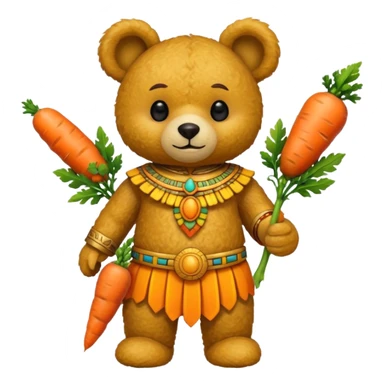 teddy bear half body, wearing yellow mayan ancient custome, with carrot half body sticker