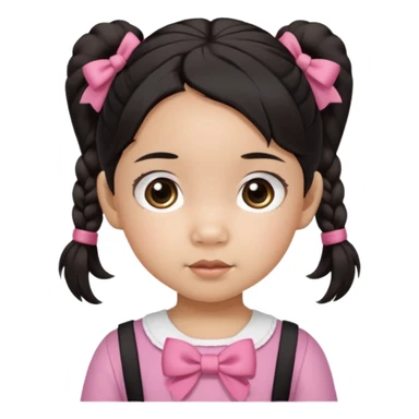 mixed toddler girl asian and american with bow pigtails, dark brown/black hair with big brown eyes emoji sticker