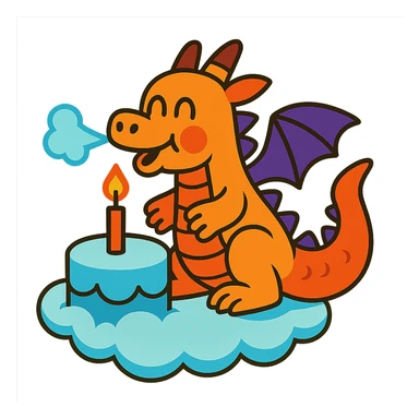 happy dragon blowing out 1 candle on cloud cake, vibrant-toon style sticker
