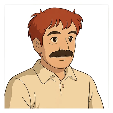 Asian man with black mustache and red hair, ghibli style sticker