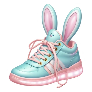 Cute Kawaii Shoe, small and bouncy, soft pastel sneakers with glowing highlights, cute sparkling eyes, a happy cheerful expression, laces tied like bunny ears! sticker