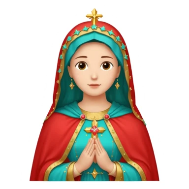 virgen maria catolica con vestido rossa, coral y manto verde turquesa y pequeñas estrellas doradas, dispersas por el manto, muchas estrellas en su manto.con las manos juntas sticker