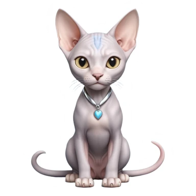A 3D cartoon silver-gray Sphynx cat with smooth skin, gentle expression, elegant pastel lighting, cinematic Memoji rendering. full body or half body. sticker
