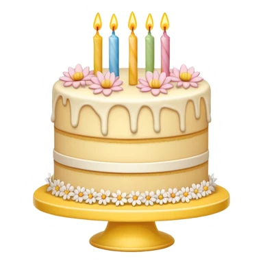  beige and white vanilla birthday cake with flowers, on a yellow cake stand sticker