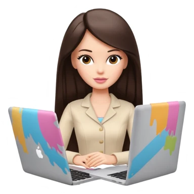 Barbie girl with a long straight dark brown hair inside a pale beige clothes working MacBook  sticker