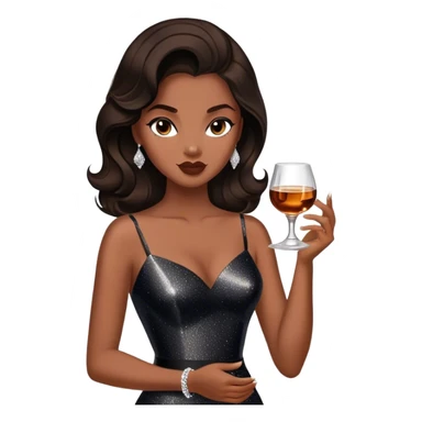 Beautiful woman in 1950’s woman fashion look, black shimmery dress, long dark brown hair, whisky with ice sticker
