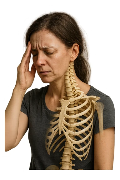 donna stanca che si tiene una mano sulla tempia con spina dorsale anatomica visibile, iperrealistico 4k sticker