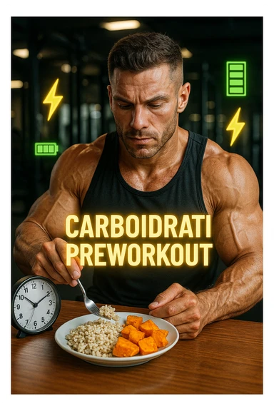 Uomo atletico seduto al tavolo poco prima di andare in palestra, mentre mangia una porzione di riso integrale e patate dolci con un’espressione consapevole e concentrata. Sullo sfondo si intravede la palestra. Sopra al piatto c’è una scritta luminosa 'Carboidrati preworkout'. Accanto a lui, un orologio indica che mancano 45 minuti all’allenamento. Il suo corpo appare pronto, i muscoli sono pieni e ben vascolarizzati, e sullo sfondo ci sono icone simboliche di energia (es. fulmini, barre di energia verdi). Atmosfera motivante e piena di vitalità. in italiano sticker