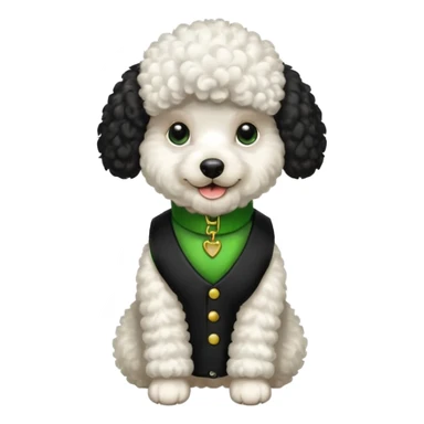 Caniche blanca con chaleco negro coN verde sticker