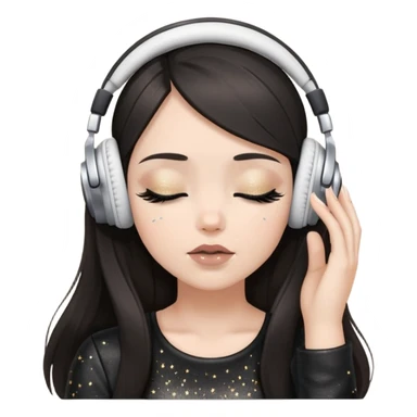 Girl with long dark hair, fair skin tone, wearing a black leather top, has glitter on her eyelids, and taupe lipstick, wearing white headphones, her hands are on her ears, and her eyes are close sticker