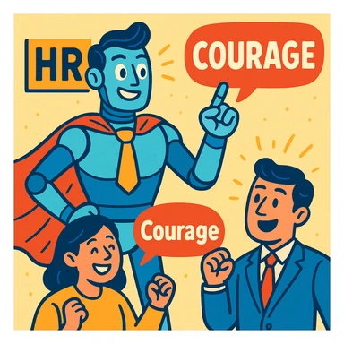 inspirierende männliche Roboterfigur mit menschlichen Zügen, die Mitarbeitende motiviert, im HR-Kontext Mut macht, freundlicher moderner Stil sticker