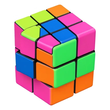 A 3x3 Rubik's Cube completely scrambled, with 90s American color palette, fluorescent orange, lime green, hot pink, electric blue, viewed from above sticker
