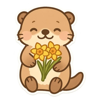 Sea otter with daffodils on its belly, cartoon style, Q version sticker style, simple and cute sticker