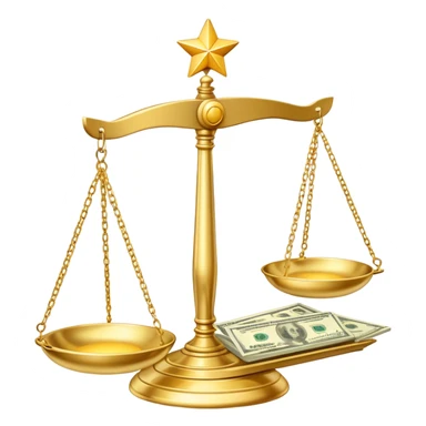 A shiny gold balance scale with dollar bills on the left side and three stars on the right side sticker