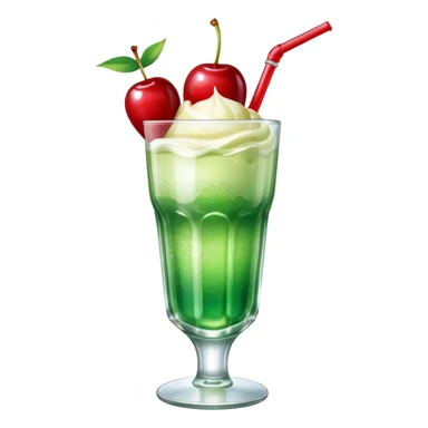 Create an emoji with a clear rounded glass, bright transparent green soda with fine bubbles, a smooth vanilla scoop circle shape, a glossy red cherry, using vibrant colors, soft shading, and clear glass highlights.
 sticker