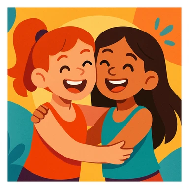 two best friends, girls in tank tops hugging, cheerful, colorful cartoon style sticker
