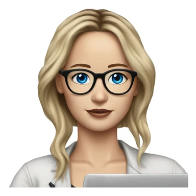 Realistic Photo of Brunette Jennifer Lawrence wearing black glasses and blue eyes  on a laptop  sticker