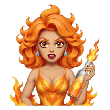 A fierce drag queen emoji with bright orange wavy hair styled with a bottle on top, dramatic makeup, expressive angry face, and an orange flame-themed dress. sticker