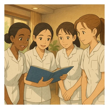 Group of four diverse nursing students inspired by photos, discussing a medical file, Ghibli style. White short-sleeve uniforms, V-neck, left chest pocket, no stethoscopes, bare forearms, long hair tied. Indoor scene, collaborative atmosphere. sticker