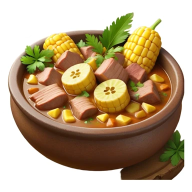 Cinematic Realistic Sancocho Antioqueño Emoji, depicting a hearty Colombian stew brimming with tender cuts of meat, yuca, plantains, corn on the cob, and potatoes in a rich, flavorful broth. Served in a rustic clay bowl with fresh cilantro and lime on the side, rendered with warm, inviting textures and homely, comforting lighting. sticker