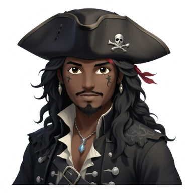 A charismatic pirate with wavy black hair that falls just past his shoulders, tousled slightly by the sea breeze. He wears a black tricorn hat with subtle silver embroidery along the edges, casting a shadow over his sharp, confident features. His piercing dark eyes glint with mischief as he gazes to the side, a knowing smile playing at his lips. His well-fitted black coat, adorned with polished silver buttons and intricate stitching, moves slightly with the wind, revealing glimpses of a deep-crimson waistcoat underneath. A silver chain dangles from his belt, catching the dim golden light of the setting sun. His posture is relaxed yet assured, exuding effortless charm as if he owns the sea itself. sticker
