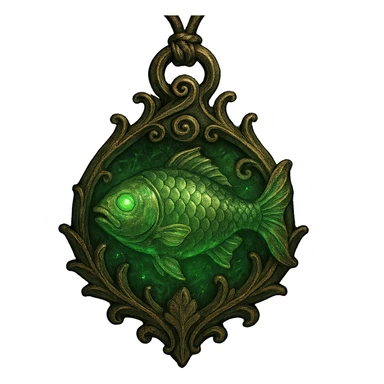 Elden Ring talisman, Green Fish, stylized as a magical amulet, glowing green accents, fantasy RPG style sticker