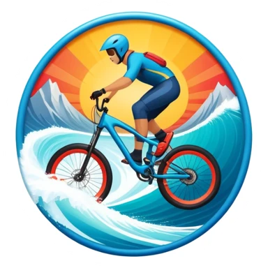A bold, dynamic emblem combining elements of extreme sports like a mountain, a bike, surfing, ocean and a parachute, all within a circular or shield-like shape. The design conveys speed, adventure, with sharp lines and vibrant colors representing the thrill and intensity of extreme sports. sticker
