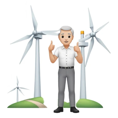 an older white man with grey hair and a white shirt and black pants doing a thumbs up pose, standing next to a silver wind turbine sticker