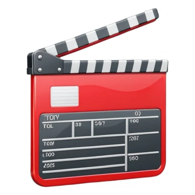 Glossy bright red clapperboard in the classic style of Apple icons: the top bar is tilted up-left, the body and bar with a deep glossy glare, dark gray edging, black background inside, perfectly square with rounded corners. sticker