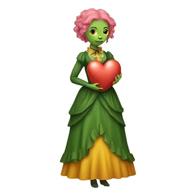a green reptilian woman in Victorian orange and jellow dress, pink hair,holdig, red big hearth, full body sticker