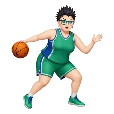 FULL BODY PLUS SIZE  WHITE women with DARK short hair SPIKEY HAIR and glasses playing basketball IN BLUE AND GREE UNIFORM NO WRITING sticker