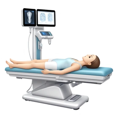 3D medical DEXA scan machine with patient lying on table, bone density measurement equipment sticker