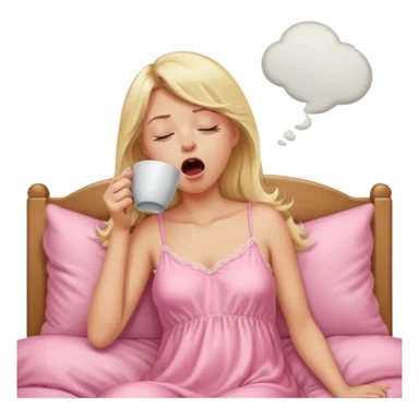 A blonde woman in a pink nightgown yawns, looking sleepy with dark circles under her eyes, drinking coffee, looking like she just woke up sticker