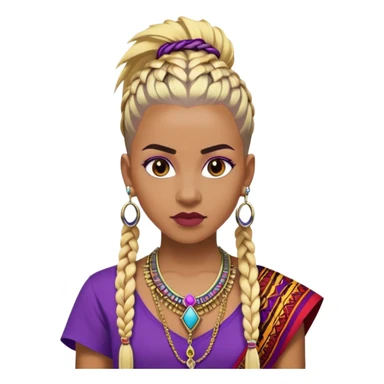Brown skinned woman who is 5ft 6in with a blonde and black mohawk of individual braids, with shaved sides wearing a purple,  gold and red dashiki wearing royalty jewelry sticker