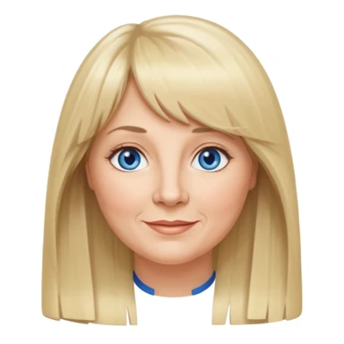 50 yr old white woman, curtain bangs, very long straight blond hair, oval face, small smile, blue eyes, slightly chubby face sticker