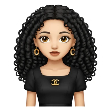 Light skin girl with black very long curly hair, brown eyes, black Chanel dress sticker