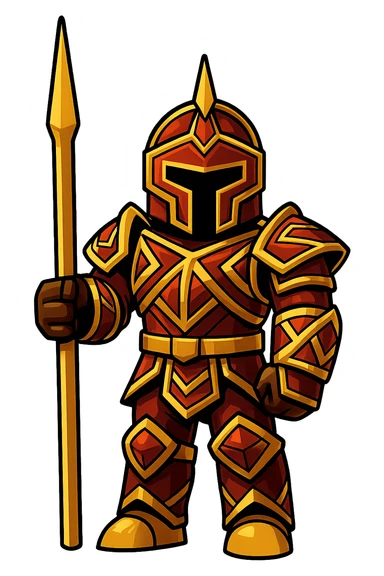 Extract only the character in gold and red armor with a staff (far right) from the image, place it on a transparent background, and keep the original Roblox style and appearance. sticker