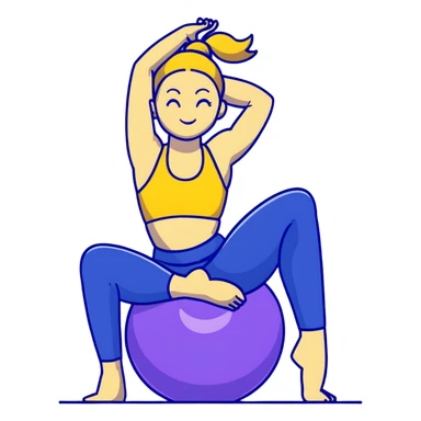 Yellow-skinned girl with high ponytail wearing blue sports bra and navy yoga pants doing yoga with a large exercise ball sticker