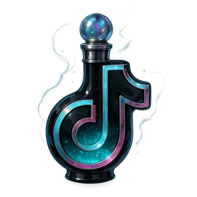 prabangus eliksyro buteliukas, TikTok logotipo forma, juoda ir žydra su rožiniais akcentais, sidabrinės ir holografinės detalės, daug magiškų efektų, labai mažas kaklelis, vientisas dugnas, skaidrus fonas, buteliukas plūduriuoja ore, be pagrindo ar šešėlio, modernus, kolekcijai tinkamas sticker
