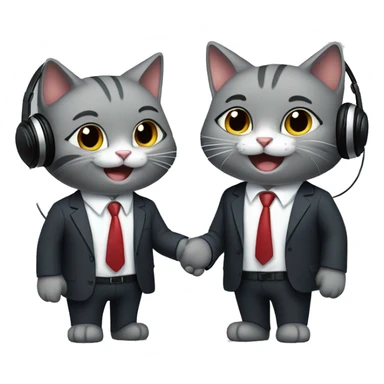 Two gray colored cats, wearing headphones, smiling, shaking hands in suits both wearing headphones.   sticker