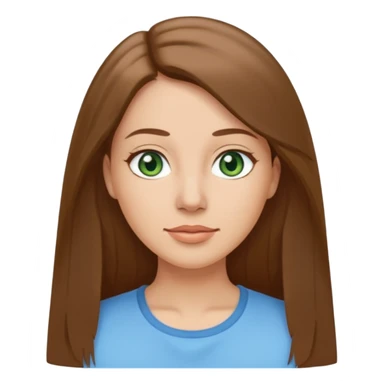 Adult woman avatar, light skin tone, oval face, straight long brown hair, green eyes, neutral mouth, sky blue top sticker